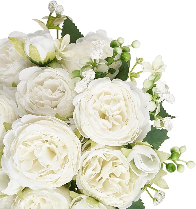 Mkono Peonies Artificial Flowers, Small Silk Flowers for Home Decor Indoor Fake Bouquet Faux Floral Arrangements Dining Table Centerpieces for Kitchen Party Decor White