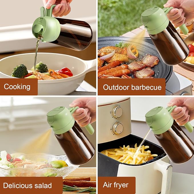 YARRAMATE 2PCS 16oz/470ml Oil Sprayer for Cooking with Stickers, Food-Grade 2 in 1 Olive Oil Dispenser Bottle for Kitchen, Premium Dark Green Glass Oil Bottle for Air Fryer, BBQ (White & Green)