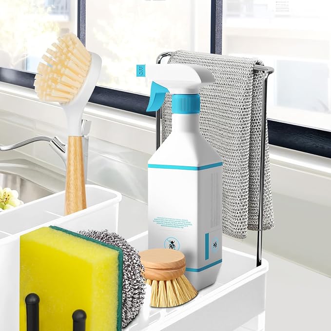Kitchen Sink Caddy,Sponge Holder for Kitchen Sink with Dish Brush Holder, Auto Drain Tray, Sponge Drain Rack,Stainless Steel Sink Organizer Countertop,Sponge Soap(White)