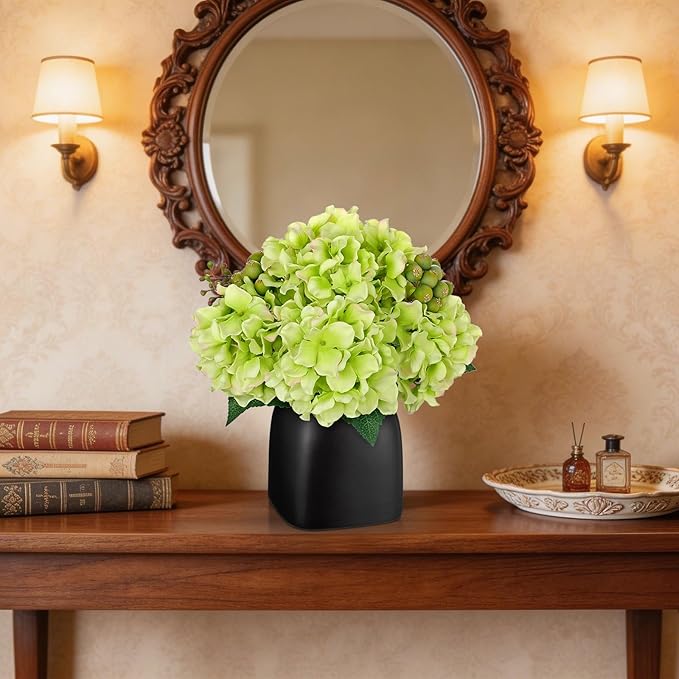 Briful Artificial Green Hydrangea Arrangement in Matte Black Vase, Faux Floral Centerpiece with Green Berry, Modern Farmhouse Table Decor for Dining Room, Entryway, Living Room, Kitchen Coffee Office
