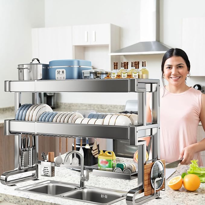 Over Sink Dish Drying Rack 3 Tier Dish Drying Rack Full 304 Stainless Steel Large Storage Kitchen Dish Rack Expandable Drainer Shelf Rack for Kitchen Counter Above Sink Organizer(23"-39"
