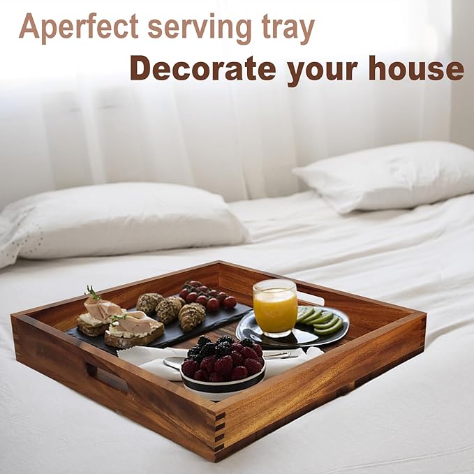 22x22Inches Walnut Wooden Ottoman Tray with Handles,Square Coffee Table Serving Tray for Home Decor,Couch Table for Party,Patio Breakfast Trays for Bed no Legs