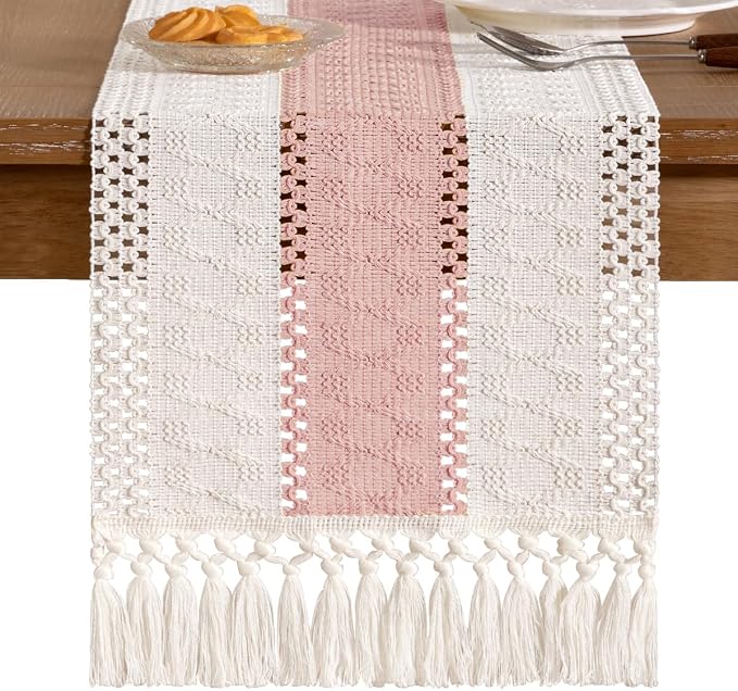 Socomi Boho Table Runner Summer Farmhouse Rustic Dining Kitchen Centerpiece Decor Small Macrame Woven Cotton Linen Coffee Table Runner for Dresser Scarf Home Decor 12x48 inPink Ivory