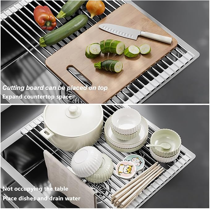Roll Up Dish Drying Rack Over Sink Drying Rack Sink Cover Kitchen Sink Accessories Multipurpose Organizer Foldable Stainless Steel Drainer (15 Rods)