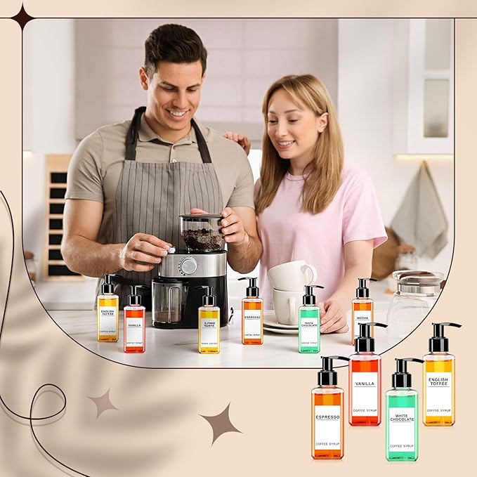 Nuogo 6 Pcs Coffee Syrup Dispenser Bottles Set 750ml, 500ml, 300ml, 150ml PET Black Syrup Bottles with Pump Dispenser 27 Labels for Coffee Bar Kitchen Accessories Portable Travel(5 oz,Square)