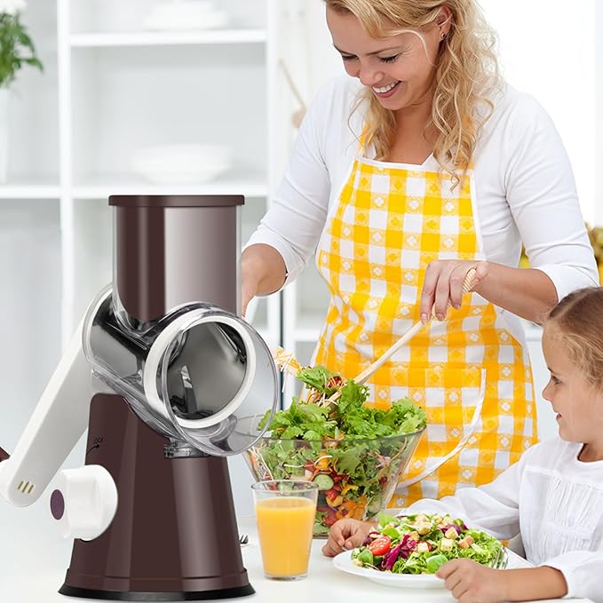Ourokhome Rotary Cheese Grater Hand Crank, Kitchen Shredder Speed Mandolin Slicer Nut Grinder with Handle and Drum Blades for Cheese, Vegetable, Walnuts, Chocolate, Potato, Carrot,3 Blades, Coffee