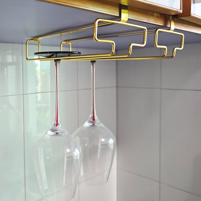 2Pcs Wine Glass Hanger - Quick-Install No-Drill Hanging Home Stemware Rack Wine Glass Storage Stemware Organizer Kitchen Storage (Golden)
