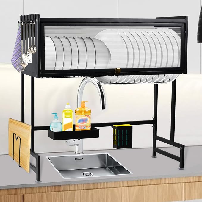 Over The Sink Dish Drying Rack - 3 Tier Large Capacity Metal Dish Drainer Over The Counter Dish Rack Kitchen Sink Shelf with Cover for Kitchen Storage & Organization Black