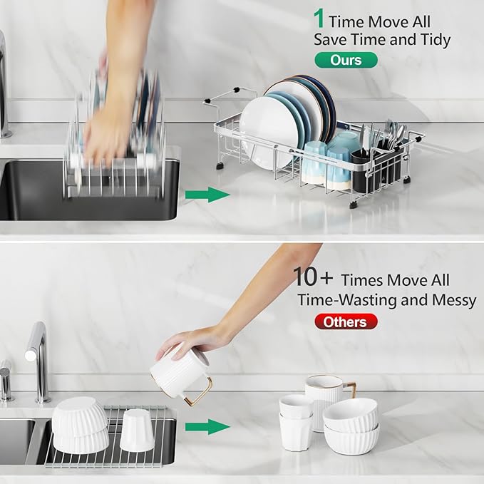 GSlife Small Sink Dish Drying Rack with Cup Holder - Expandable Stainless Steel Compact Dish Drainer for RV, Camper, Kitchen, Dish Strainer with Locking Knob, Fit Sink 11.9"-16.7" L, Silver