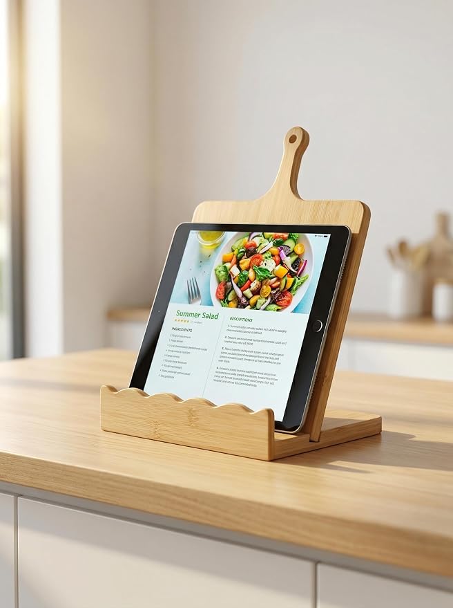 Bamboo Cookbook Stand for Kitchen Counter 15.7"x11.8" with Handle, 2-Piece Scalloped Recipe Book Holder with Removable Charcuterie Board, Rustic Kitchen Decor, Gift-Ready Wood Recipe Card Display