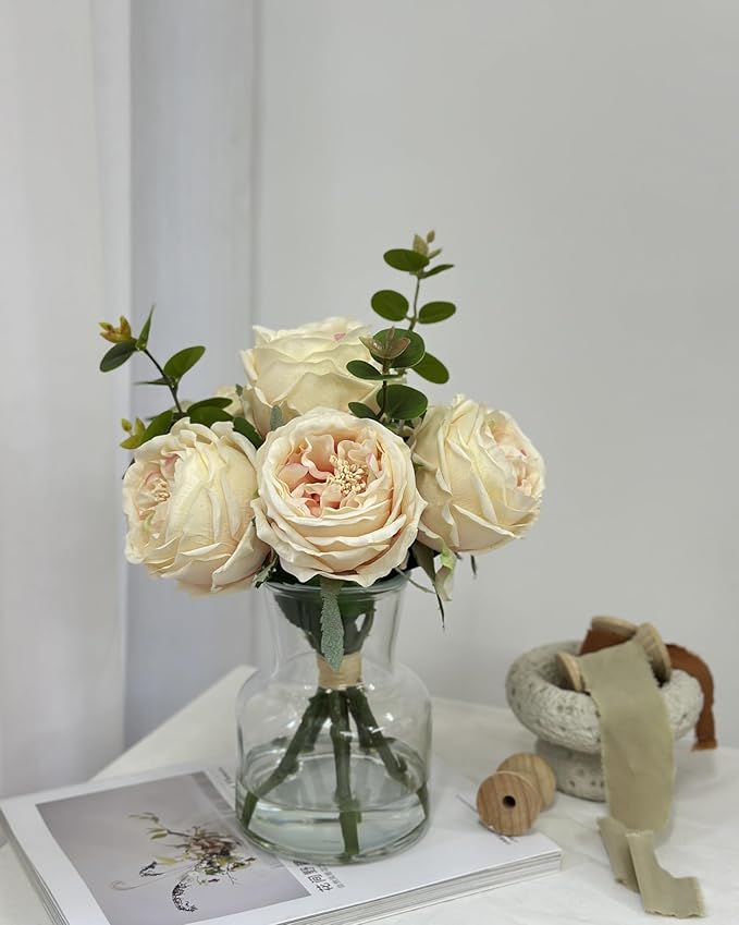 CHASMILE Lifelike Artificial Champagne Roses in Vase - Eternal Table Centerpiece for Dining Room & Kitchen Decor - Faux Flower Arrangement with Realistic Petals