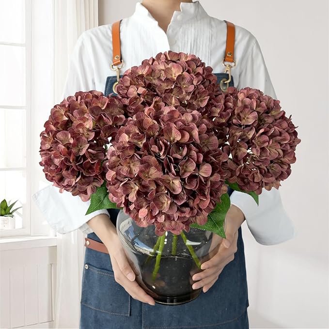 JINWOE Dark Coffee Silk Hydrangea Artificial Flowers, 4Pcs 22Inch Full Fake Artificial Hydrangeas with Stems for Bouquet Table Centerpieces Home Decoration Porch Outdoor