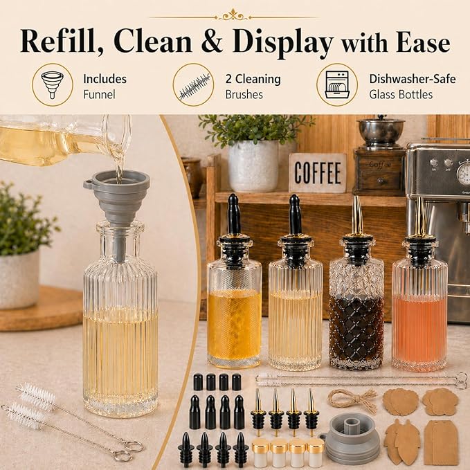 ChezMax Syrup Dispenser Bottles Set of 4, Simple Syrup Bottle for Coffee Bar Accessories, 5oz Glass Coffee Syrup Dispenser Syrup Containers for Maple Honey Syrup Oil, Metal Pour Spouts & Labels