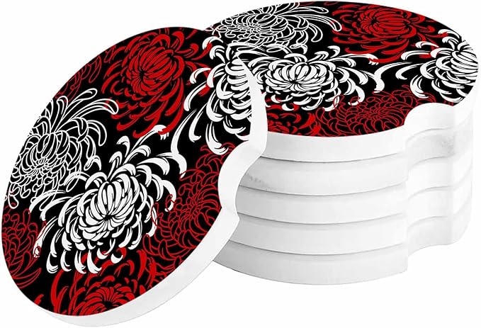 Small Car Coasters for Cup Holders 2.65" Absorbent 4 Pack Car Coaster Ceramic Stone for Drinks Absorb Water Drops Abstract Floral Red Black and White Dahlia