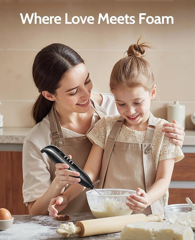 Electric Milk Frother Handheld: coffee frother rechargeable 3 in 1 - LED Display, Adjustable Wireless Charging - 3 Speeds, Stainless Steel Whisk for Latte, Cappuccino - Onyx Black