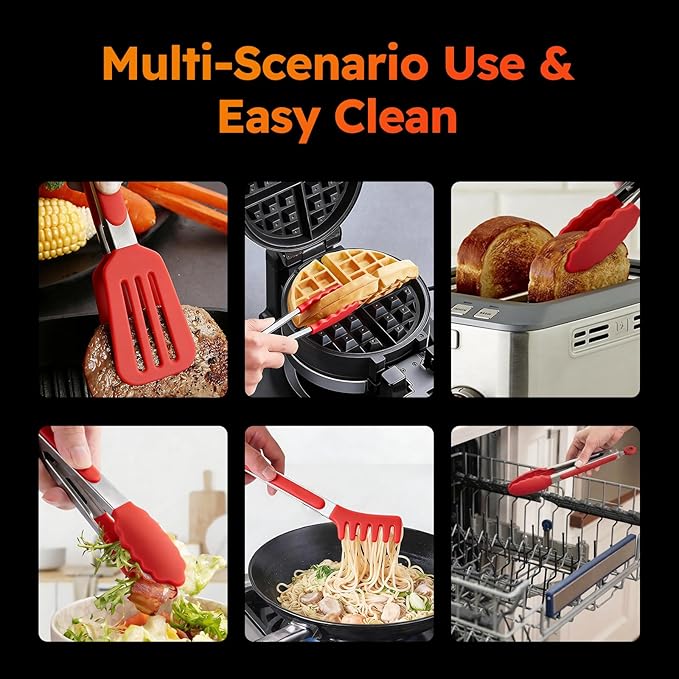HST 3 Pack Kitchen Tongs, Non Stick Stainless Steel 9 Inch Tongs With Silicone Tip for Cooking BBQ Baking(Red)