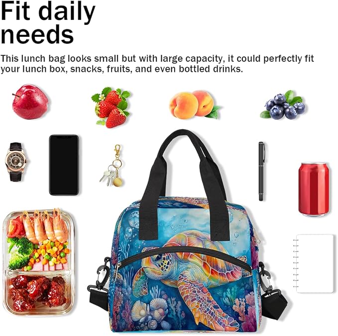 Pardick Colorful Sea Turtle Insulated Lunch Bag for Women Leakproof Lunch Box Large Cooler Thermal Tote Bag with Shoulder Strap Meal Prep Bags for Work School Office Picnic Teen Girls Adult
