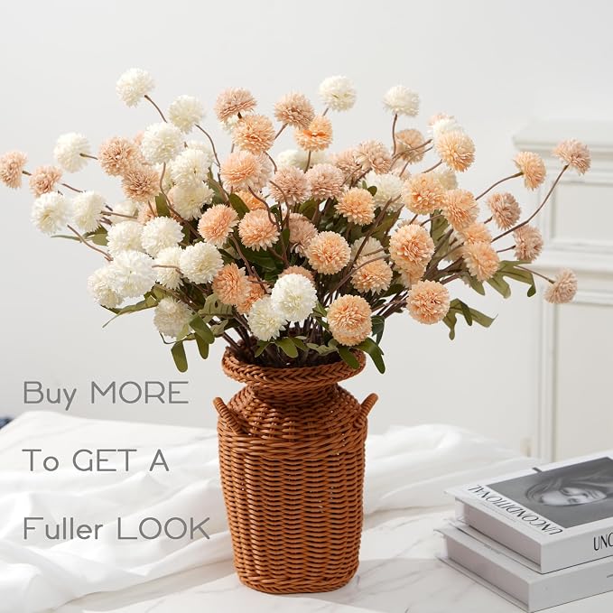 trytuny Fake Fall Flowers for Vase, Faux Silk Kiku Mums, Artificial Pom pom Floral Bouquets Indoor Centerpiece Office Coffee Table Boho Home Decorations (9, Mixed Cream)