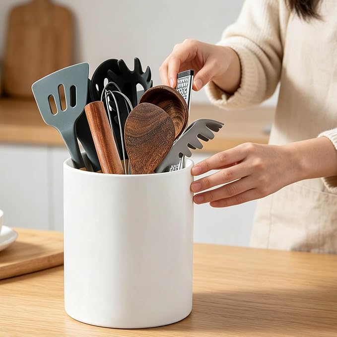 7" White Utensil Holder, Large Kitchen Utensil Holder Organizer , White Stable Utensil Crock Spatula Holder for Kitchen Counter Countertop Farmhouse Cooking Tools Holder