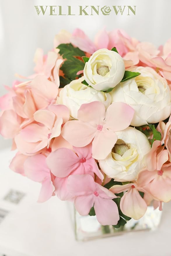 WELL KNOWN Artificial Hydrangea and Ranunculus Flowers in Vase with Faux Water, Silk Spring Pink Flower Arrangement Centerpiece for Home Dining Table Office Wedding Decor & Mom's Gift