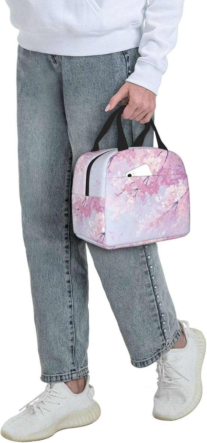 Insulated Lunch Bag Floral Cherry Blossom Flower, Leakproof Lunch Tote for Work School, Reusable Lunch Box Cooler for Adults Students, Compact Lunch Bag for Office College Picnic