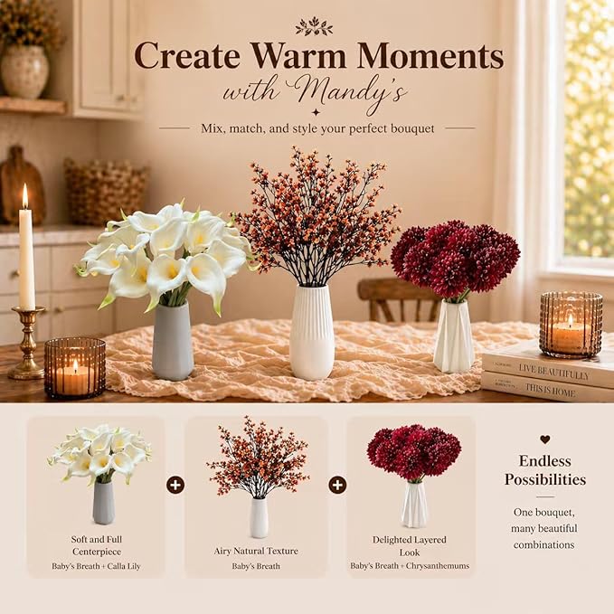 Mandy's Burnt Orange Artificial Baby’s Breath Flowers 15 Bundles Silk Gypsophila, 18.5 Inch European Style Modern Home Decor Centerpiece, Neutral Wedding Flower Arrangements