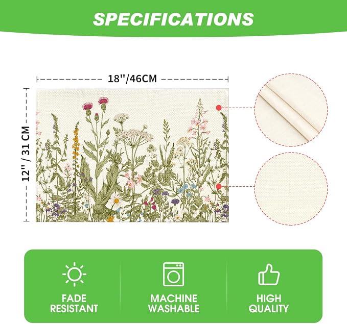 Artoid Mode Antique Herbs and Wild Flowers Spring Placemats Set of 2, 12x18 Inch Seasonal Summer Table Mats for Party Kitchen Dining Decoration