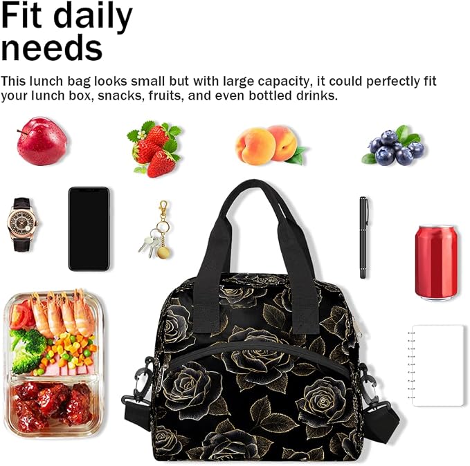 Pardick Black Golden Roses Insulated Lunch Bag for Women Leakproof Lunch Box Large Cooler Thermal Tote Bag with Shoulder Strap Meal Prep Bags for Work School Office Picnic Teen Girls Adult