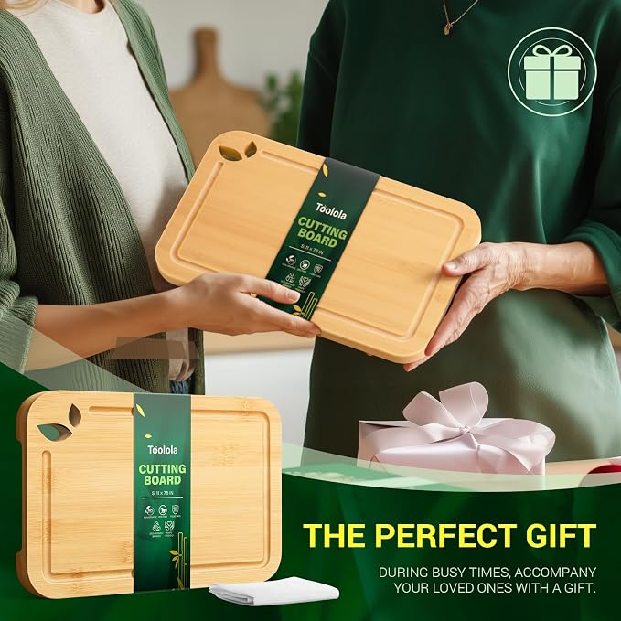 11 x 7.5 inch Bamboo Cutting Boards for Kitchen with Silicone Mat, Lightweight & Knife-Friendly Wood Cutting Board Set with Side Handles and Juice Grooves, Natural