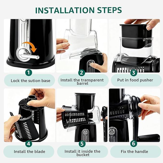 Rotary Cheese Grater Hand Crank - Cheese Shredder with 5 Blades & Strong Suction Base, Mandoline Slicer Vegetable Chopper, Kitchen Gadgets with Storage Box, Black