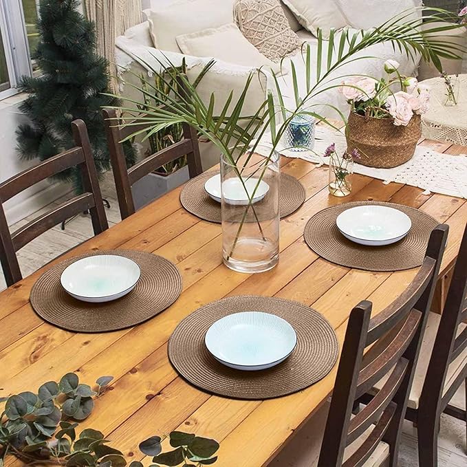 AHHFSMEI Round Placemats Set of 6 Heat Resistant Washable Non-Slip Woven Braided Table Mats for Dining Table Kitchen & Home Decor (Brown A)