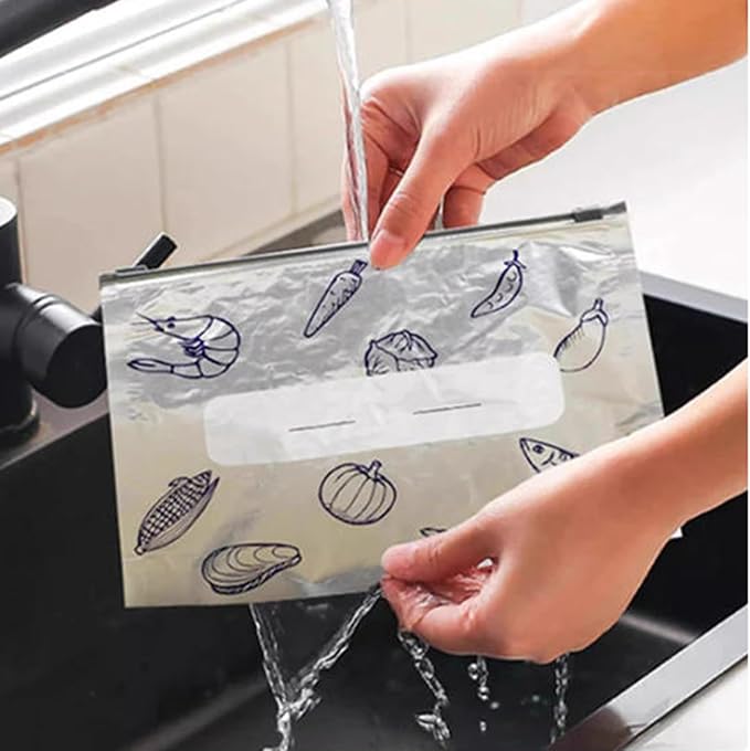 Reusable Aluminum Foil Sealable Storage Bags, 2025 New Resealable Vacuum Zipper Pouches for Food, Stand Up Foil Sealable Bags with Label and Zip Lock for Vegetable Fruit Meat (10PCS, Medium)