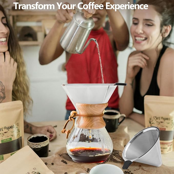 2 Pack Coffee Filters Compatible with Chemex (6, 8, 10 cup) and Hario V60 02 and 03 drippers, Pour Over Coffee Filters- Reusable and Permanent Coffee Cone Dripper