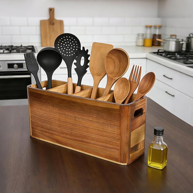 Large 4-Compartment Acacia Wooden Utensil Holder, Rustic Kitchen Counter Organizer, Extra Large Wood Storage Container for Cooking Utensils and Silverware