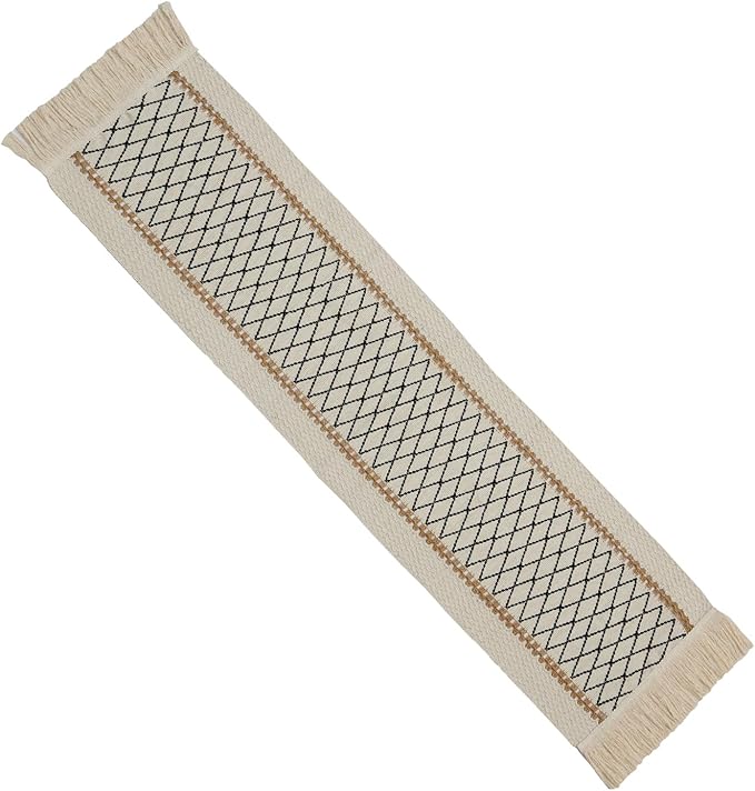 Table Runner Linear End, Boho Style with Tassels, Cotton & Linen, Farmhouse Home Decor for Living Room Dresser Scarfs (12x60Inch, Black & Beige)