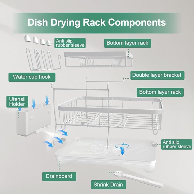 Dish Drying Rack, Two-Tier Dish Drying Rack with Utensil Holder and Cutlery Tray – Auto-Draining Large Capacity Dish Drainer with Drainboard for Kitchen Counter, White