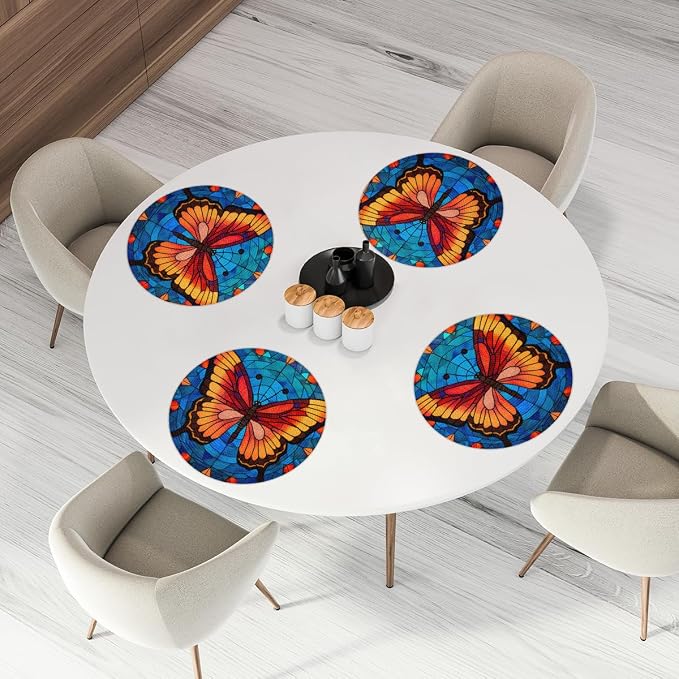 Round Placemats Set of 4, Butterfly Glass Background Woven Placemats Mats Non-Slip Heat Resistant Washable Table Mats Round Braided Place for Farmhouse Kitchen Dining Party Decor 15in
