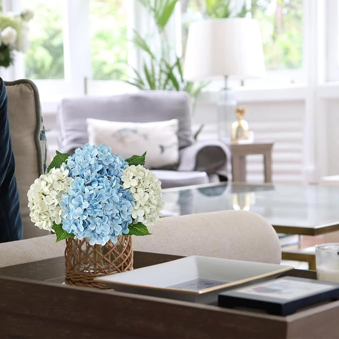 JINWOE 4Pcs Hydrangea Artificial Flowers, 20" Lifelike Latex Silk Real Touch Faux Hydrangea Flowers, Artificial Hydrangeas Bouquet for Wedding Centerpieces Tables Party Home (Sky Blue)