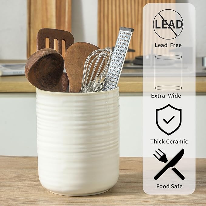 HASENSE Cooking Utensil Holder, 7.4"+5.5" Ceramic Kitchen Utensil Holder for Counter, Rustic Utensil Oganizer Crocks for Spatula, Ice Bucket Gift for Dad, Set of 2, Clay-Infused White