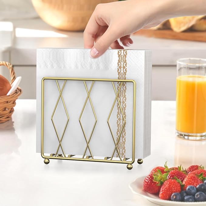 Napkin Holder for Table, Modern Metal Napkin Holders for Paper Napkins & Kitchen Dining & Countertops, Cocktail Upright Napkin Holder Dispenser Suitable for All Room Decors (Large, Gold)