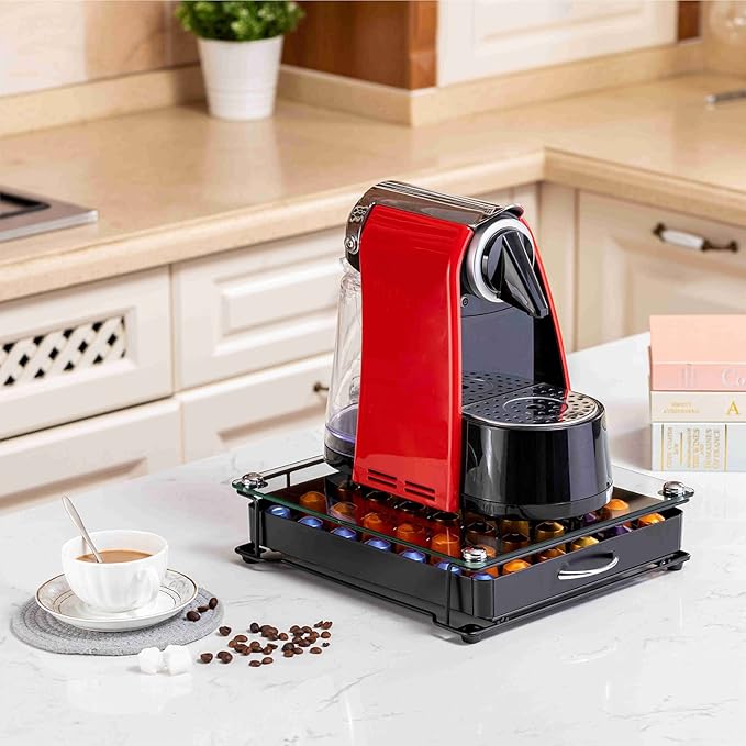 ZCDCP Coffee Pod Holder, Crystal Tempered Glass Nepresso Original Pod Drawer, Black Nespresso Originaline Pod Storage Organizer, 42 Pods