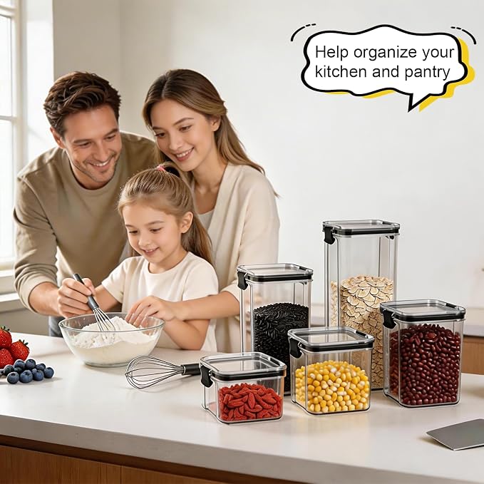 5 Piece Airtight Food Storage Containers Set, Food Grade BPA Free 1800/1300/950/700/460ml Leak Proof Stackable Canisters, Clear Storage Jars for Pantry Kitchen Dry Food Flour Spice Organization
