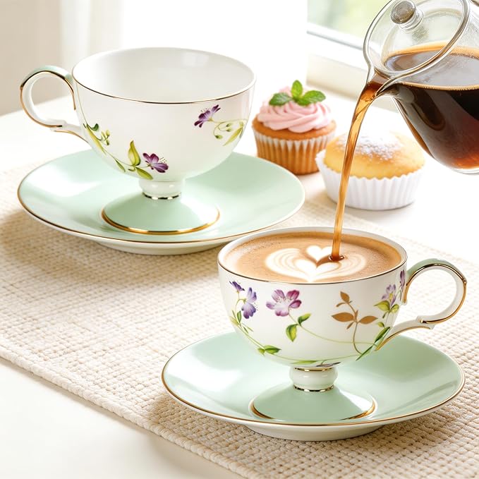 KAMMAK Ceramic Coffee Cups and Saucers Set of 2 – Handmade Porcelain Espresso Cups, 8.45 oz Bone China Tea Cup with February Orchid Pattern, Elegant Demitasse for Latte, Americano, Cappuccino