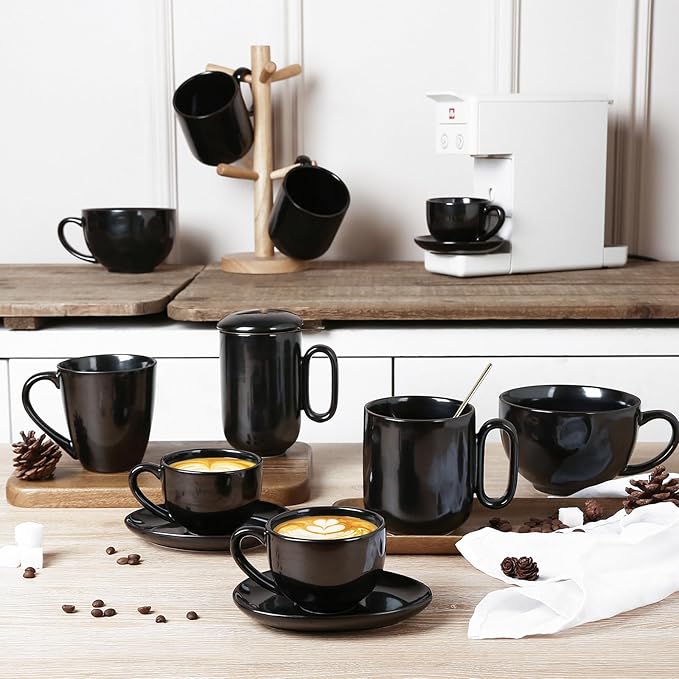 vicrays Ceramic Coffee Mug Set - 18 Ounce Large Stoneware Mug for Men Women - Unique Glazed Porcelain Mugs with Handle for Coffee Latte Tea Milk Cocoa - Set of 4 (Black)