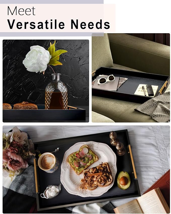 22 inches Black Wooden Ottoman Serving Tray with Golden Metal Handles | Large Rectangular Decorative Wood Tray for Living Room Kitchen Coffee Table Couch Bed