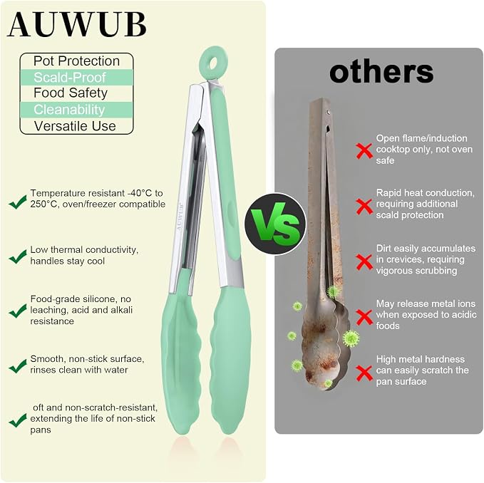 9+12 Inch Pistachio Salad Tongs 2-Piece Set, Silicone with 304 Stainless Steel Core & Non-Slip Grip, Kitchen Utensils for Grilling Salad
