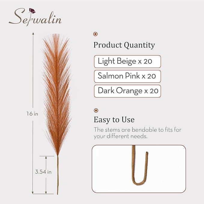 Serwalin 60pcs Orange Pampas Grass Decor, 17.7Inch Fall Artificial Pampas Grass, Faux Pampas Flower Arrangement for Home Decor Wedding Party Centerpieces Decoration Vase Filler