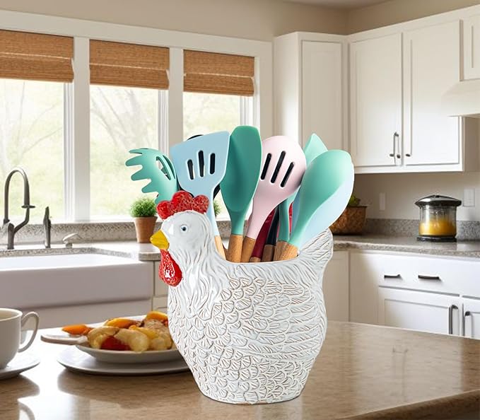 Hen Kitchen Utensil Holder For Countertop Ceramic Utensil Crock For Kitchen Counter Chicken Decorative Farmhouse Organizer Crock For Forks Spoons Cooking Utensils Countertop Storage Container