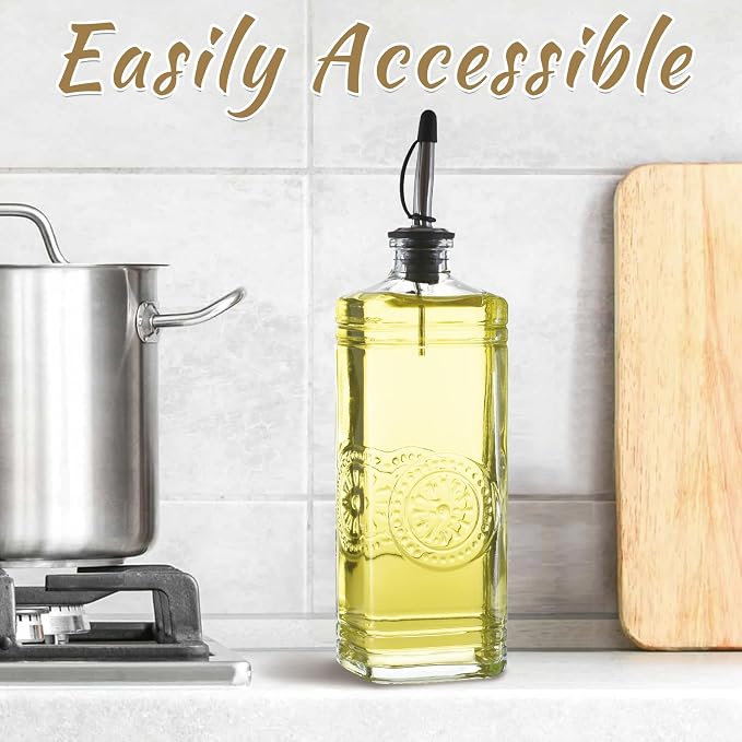 1-Pack Glass Olive Oil Dispenser 500ML/17OZ, Rectangular Vinegar Bottle with Stainless Steel Pourer, Brush, Funnel, Label (Sunflower)