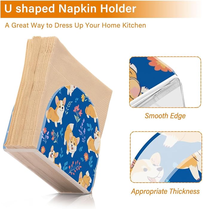 Cute Corgis Dog with Floral on Cobalt Blue Background Napkin Holder for Table Acrylic Cocktail Napkin Holders Small Decorative Napkin Dispenser for Home Party Holiday Dining Kitchen Accessor, 2 Pack